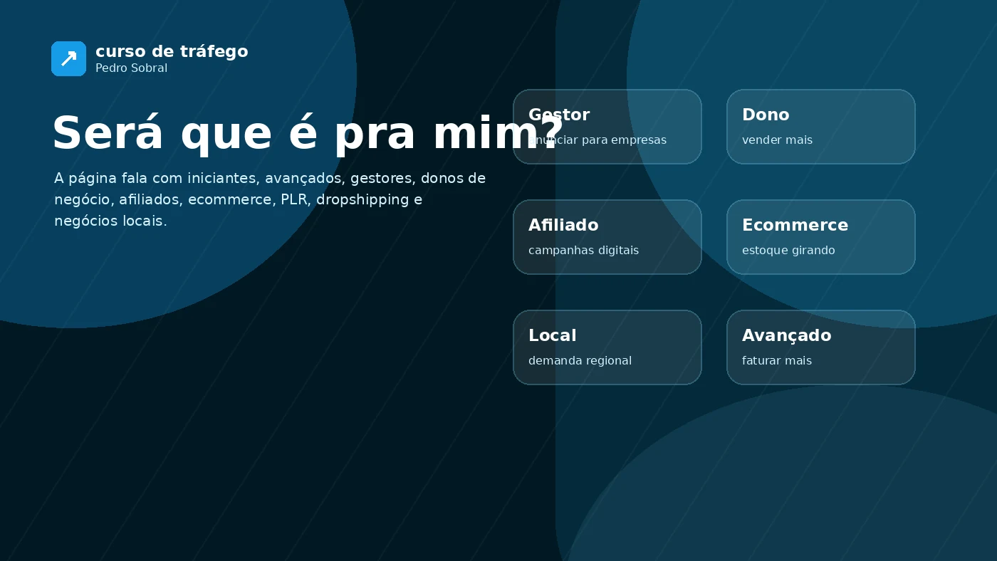 Para quem é o Curso de Tráfego do Pedro Sobral: gestores, donos de negócio, afiliados, ecommerce e iniciantes