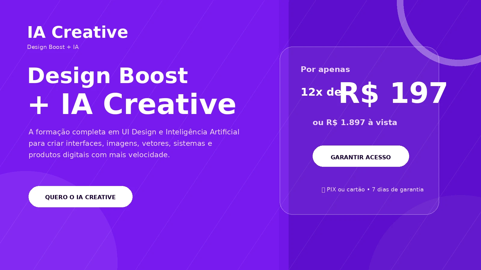 Design Boost + IA Creative com oferta em roxo para formação completa em UI Design e Inteligência Artificial