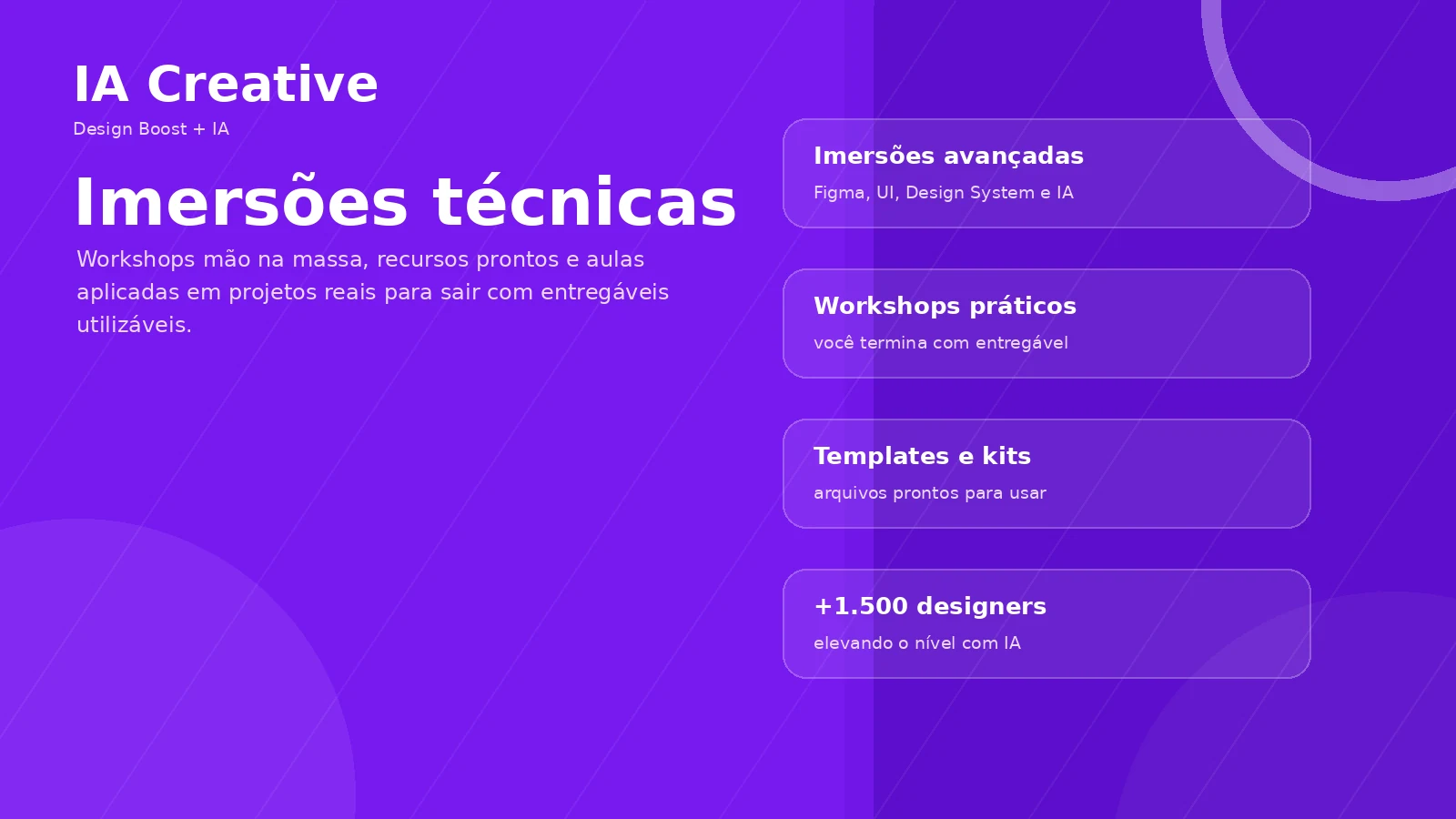Imersões técnicas do Design Boost + IA Creative com workshops práticos, templates, recursos e projetos reais