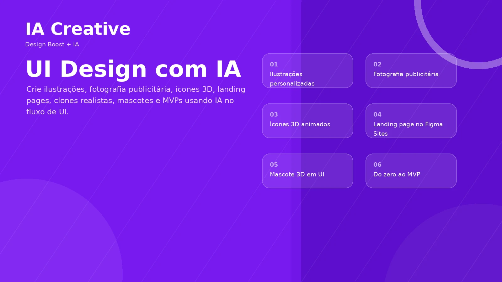 UI Design com IA no Design Boost para ilustrações, fotografia publicitária, ícones 3D, landing pages, mascotes e MVPs
