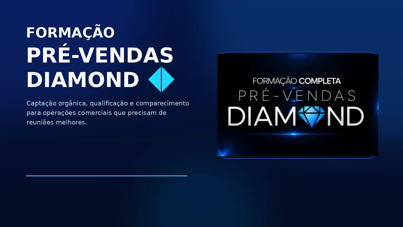 Formação Pré-Vendas Diamond com identidade visual escura e diamante azul para workshop de captação orgânica e pré-vendas
