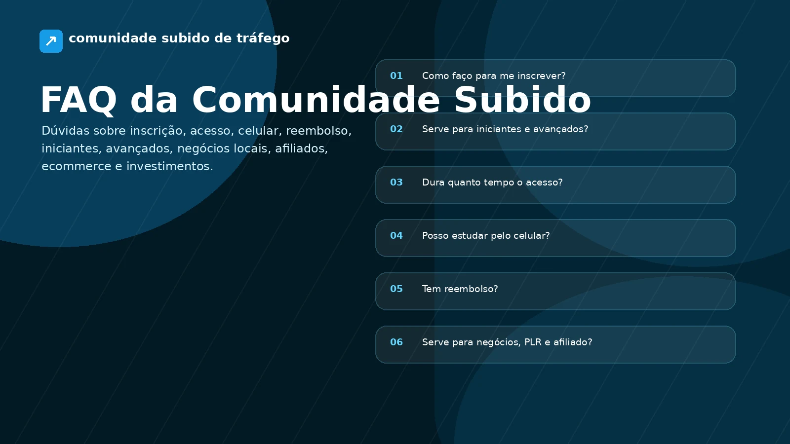 FAQ da Comunidade Subido de Tráfego com dúvidas sobre inscrição, acesso, celular, reembolso, iniciantes e negócios