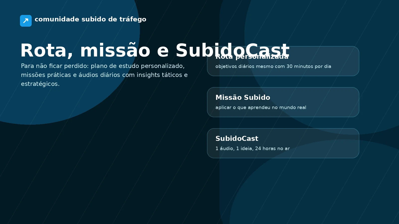 Rota de estudos personalizada, Missão Subido e SubidoCast com plano diário e aplicação prática